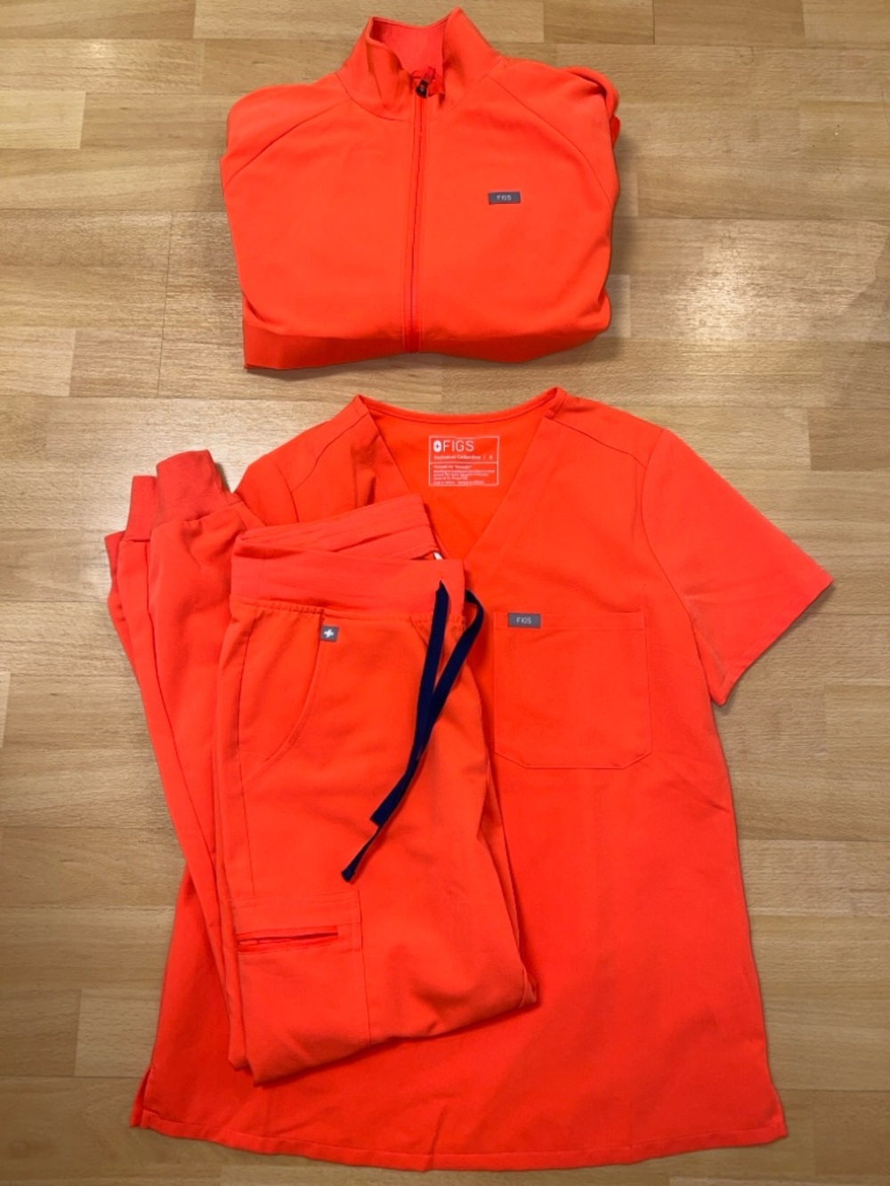 FIGS Catarina one pocket top, Zamora pants, and Sydney scrub jacket set